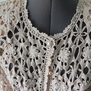 Vintage Crochet Beaded Floral Long Sleeve Top